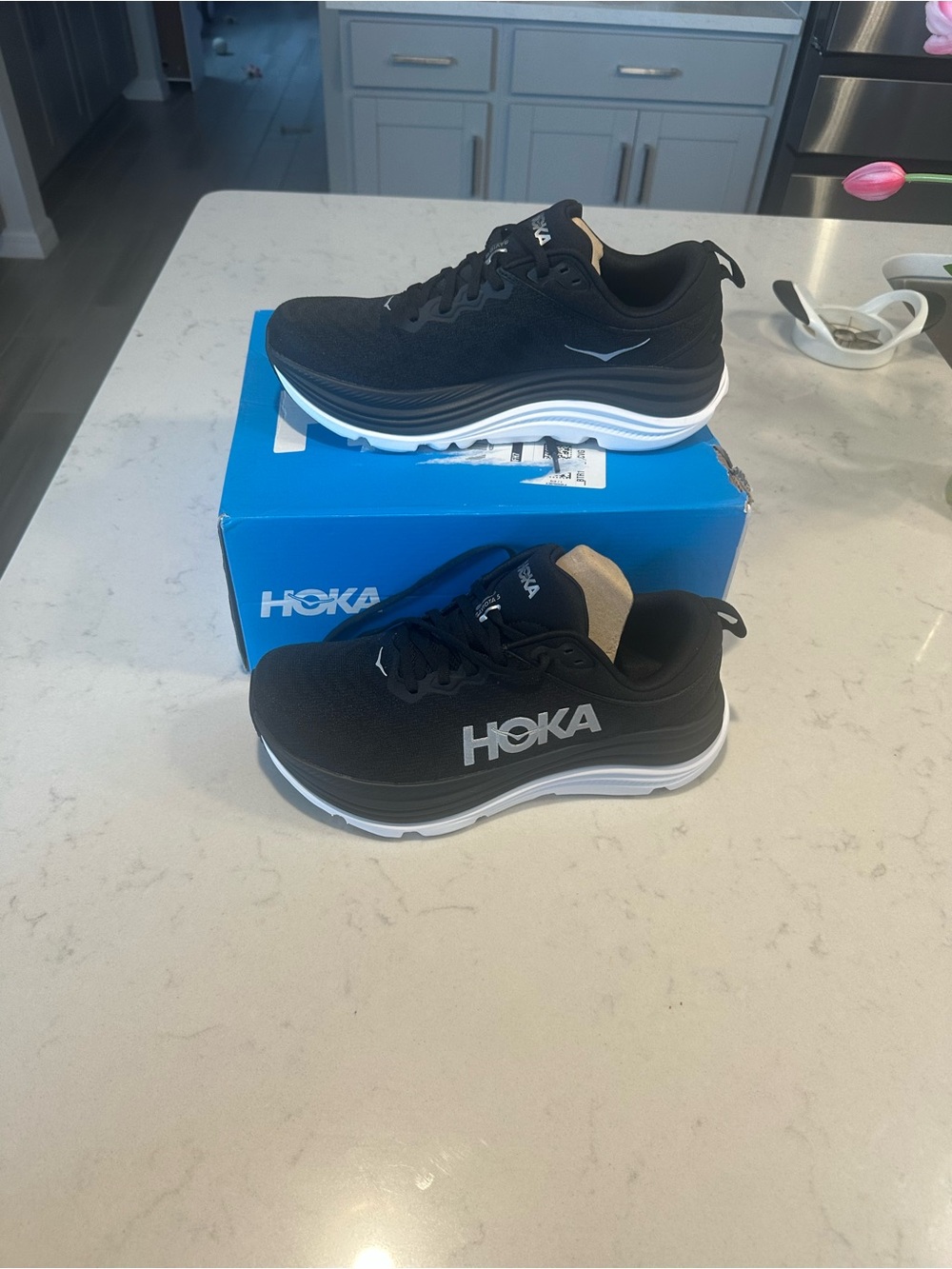 Hoka One One Black and White Gaviota 5 Women's Running Shoes